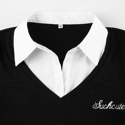 Fashionable and minimalist college style contrasting color lapel fake two piece T-shirt versatile short sleeved top