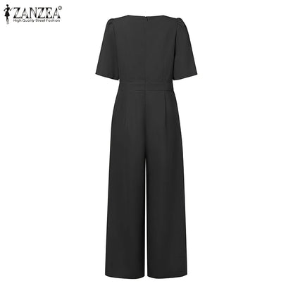 ZANZEA Street Fashion Elegant Womens Jumpsuits Sqaure Neck Short Sleeve Fitted Waist Wide Leg Pant Overalls Summer Streetwear.