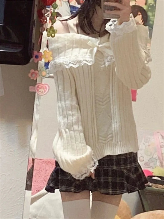 Grunge Frauen Schulterfrei Strickpullover Rosa Pullover Süße Pullover Langarm Schleife Spitze Patchwork Pullover Y2k Streetwear.