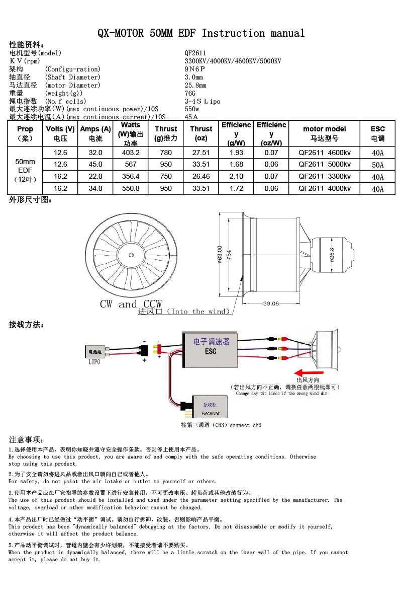 QX-MOTOR 50mm EDF Ducted fan 12 blades CW CCW QF2611 3300/4000/4600/5000KV Brushless motor For FMS freewing RC toy.