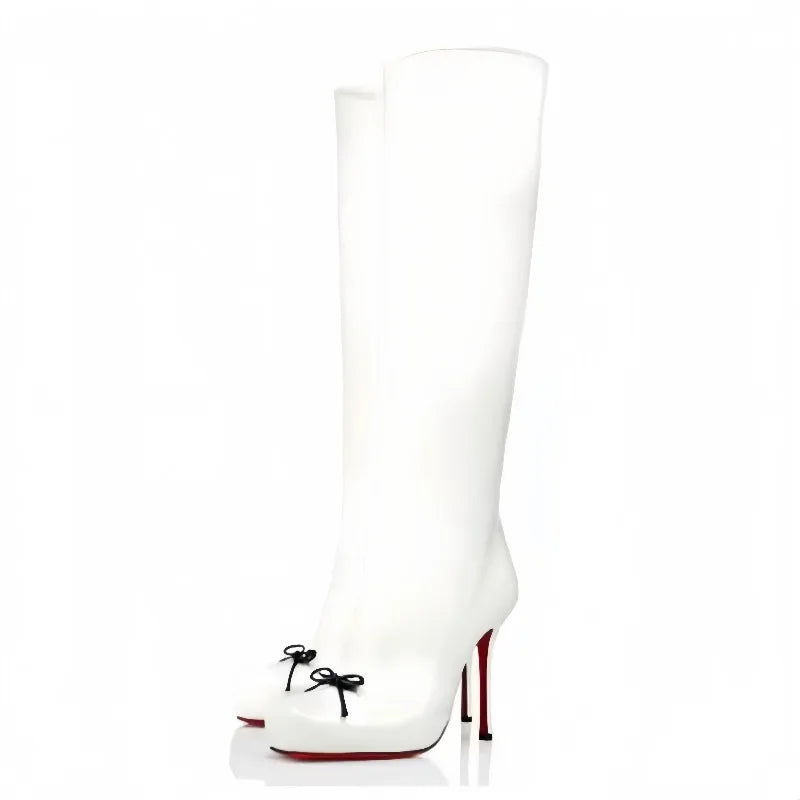 European and American Fashion Niche High-heeled Square Toe Side Zipper Knee High Bow Boots Women's Versatile Banquet Shoes.