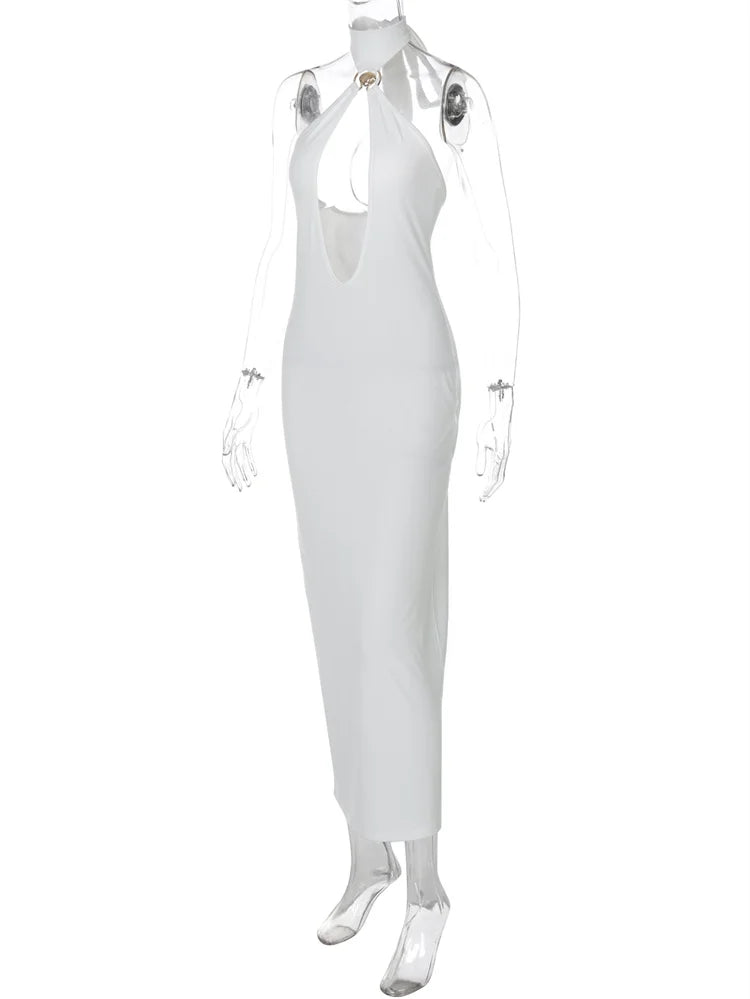 Seltsame Puss Sexy Frau Kleid Ärmellose Hohl Backless Metall Ringe Dünne Elastizität Einfache Party 2025, Sommer Trend Vestidos.