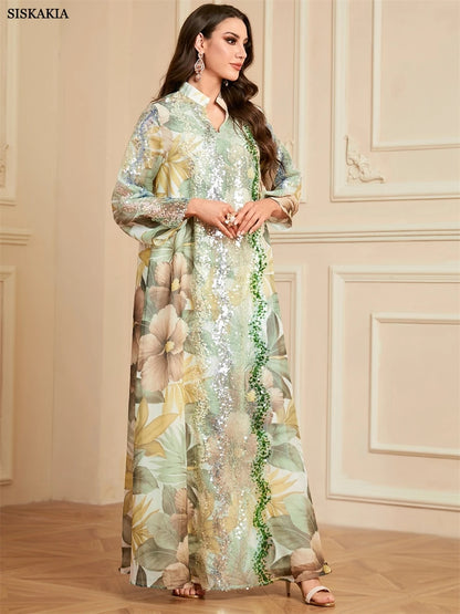 Siskakia Ramadan Dubai Floral Print Long Dress Sequins Patchwork Abayas Mesh Kebaya For Muslim Women's Casual Loose Clothing.