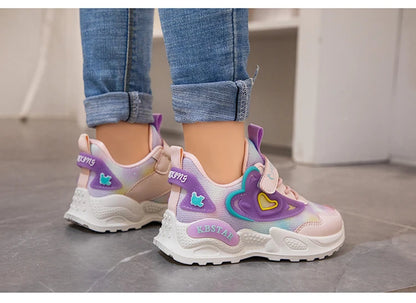 Girls Sports Shoes Kids Running Shoes Pink Breathable Air Mesh Heart Sweet Sneakers Cute Hook & Loop Children's Casual  Shoes