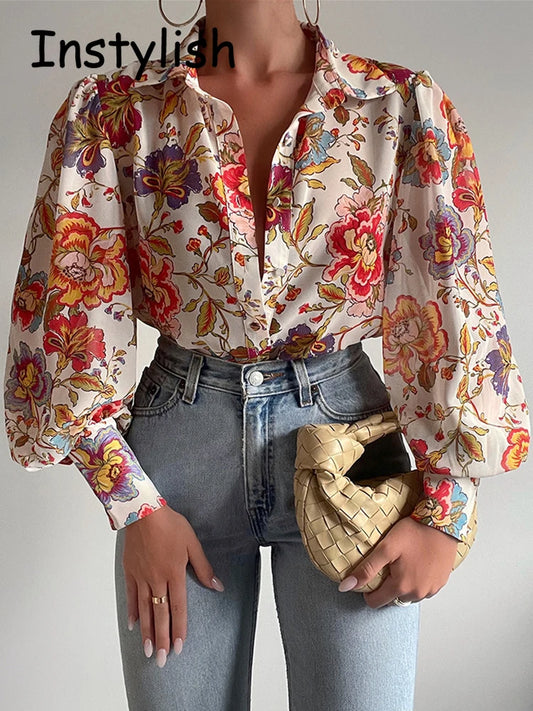 Women Elegant Floral Print Puff Long Sleeve V Neck Blouse Spring Summer Office Button Luxury Shirt Vintage Oversized Tops Tunics.