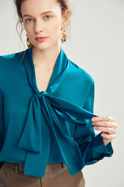 Silk Shirt Women's Thick Temperament Streamer 2025 Spring and Summer New Mulberry Silk Lace-up Design Shirt Long-sleeved Top.