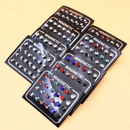 12 Pair(24pcs)/lot 3/4/5/6/7mm Round Crystal Rhinestone Magnet Stud Earring Punk Womens Mens Magnetic Fake Ear Plug Jewelry.