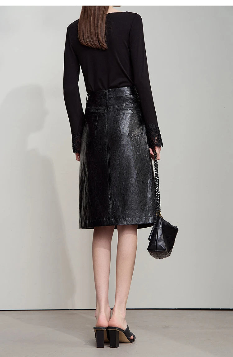 AMII Minimalist PU Leather Skirt For Women 2025 American Retro Knee-Length Skirt Solid Basics Business Women's Clothing 12553014