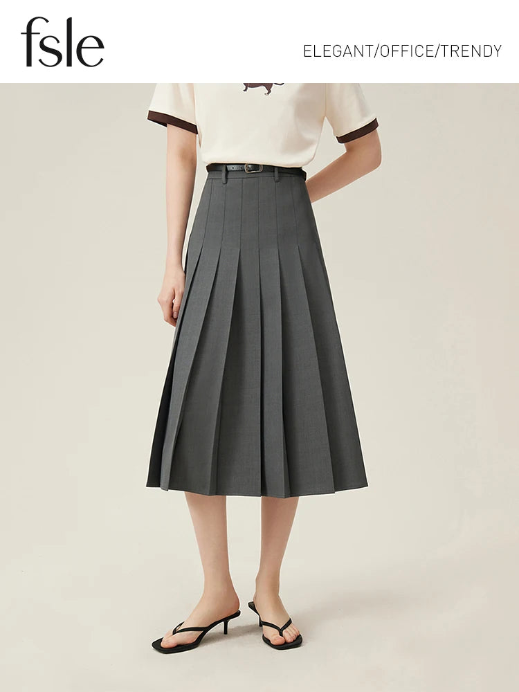 FSLE 2025 New Arrival Women Zipper Waist Office Lady Elegant Grey Skirt Pleated Design Navy Blue Color Long Skirt Daily Outfits.