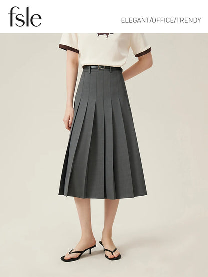 FSLE 2025 New Arrival Women Zipper Waist Office Lady Elegant Grey Skirt Pleated Design Navy Blue Color Long Skirt Daily Outfits.