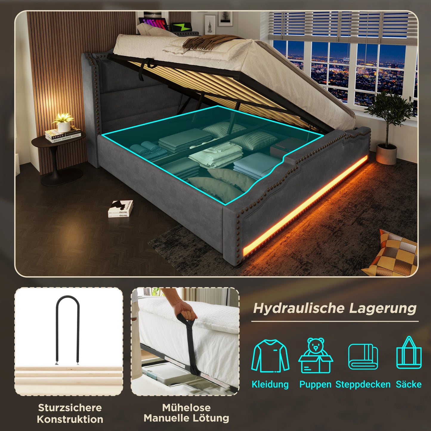 KOMHTOM Doppelbett Samt, Hydraulischer Stauraum, LED-Beleuchtung, USB-C-Ladeanschluss, ohne Matratze