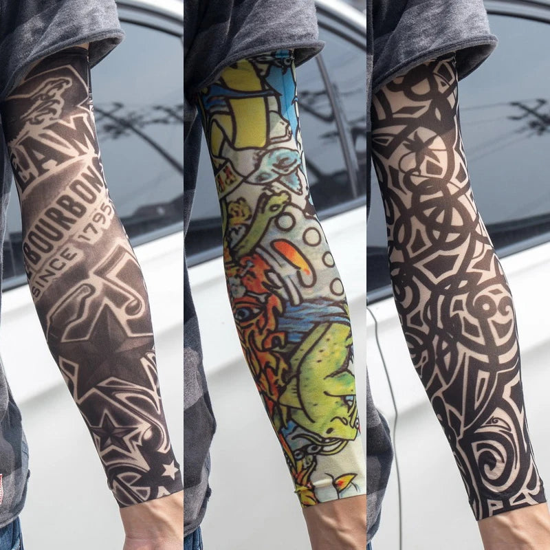 3PCS/lot new mixed 100%Nylon elastic Fake temporary tattoo sleeve skull wolf totem dragon designs body Arm stockings cool men.