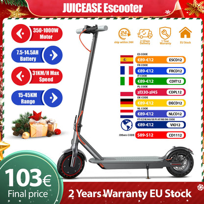 2025 New JUICEASE 7.8-14.5AH Electric Scooter 31/35KM/H 25-45KM Ultra Long Range Smart Aovopro APP Electric Scooter 350/1000W.