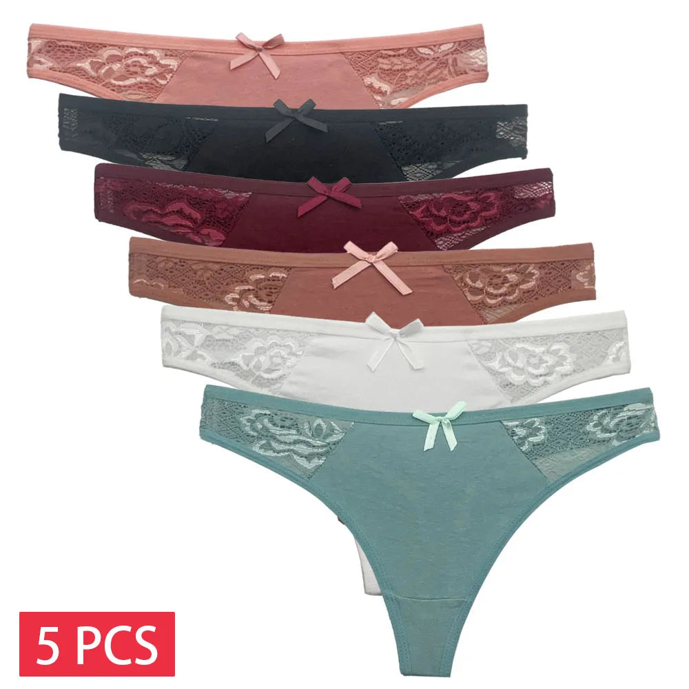5 PCS/Set Cotton Thong Women Underwear Sexy Lace Panties Female Underpants Solid Color Panties Lingerie Low-Rise G-string.