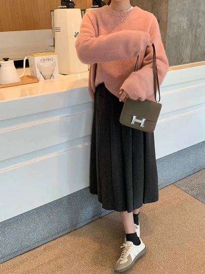 Thick Hepburn Style Woolen Pleated Skirt High Waist Slimming Casual Half Skirt Women Autumn Winter Unique Long Skirt