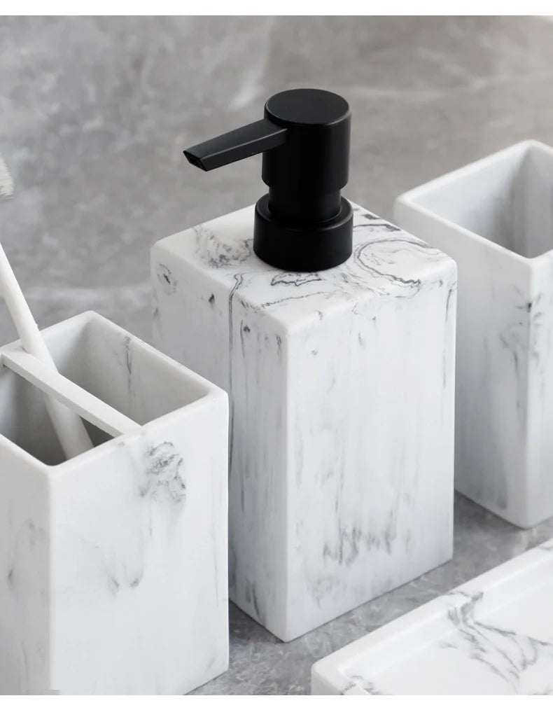 Bathroom Accessories Complete Marble Pattern Lotion Soap Dispenser,Toothbrush Holder,Tumbler,Tray Resin material Black white.