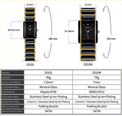 BERNY Ceramics Quartz Women Watch Fashion Rectangle Men/Women Wristwatch Bracelet Luxury Diamon Gold Couple Watches Gift Watches.