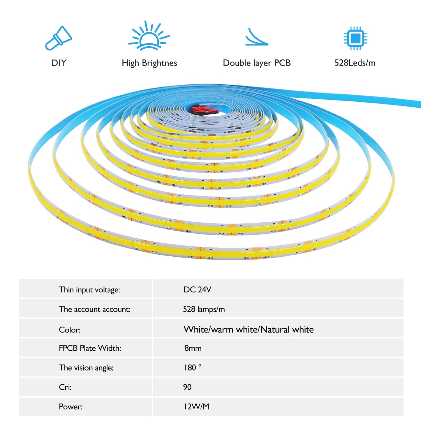 DC12 24V COB LED Strip Light 528Leds/m Flexible Tape Ribbon High Density Linear Lighting 3000-6500K RA90 Led Lights Room Decor.