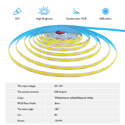 DC12 24V COB LED Strip Light 528Leds/m Flexible Tape Ribbon High Density Linear Lighting 3000-6500K RA90 Led Lights Room Decor.