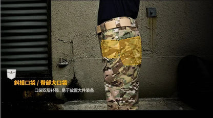 Autumn Tactical Sets Men Outdoor Breathable Short Sleeve Tshirt+Waterproof Straight Pant 2 Pcs Suits Camo Multi-pocket Cargo Set