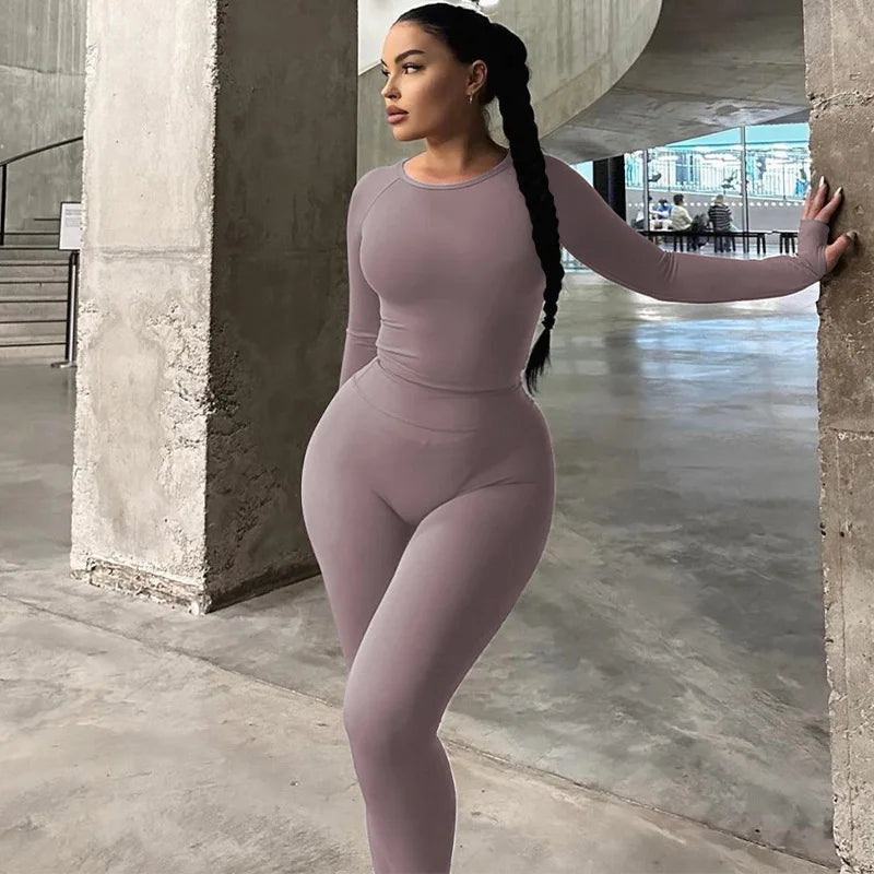 Hugcitar Pure Color Long Sleeve Crop T-Shirt Legging 2 Piece Matching Sets 2024 Spring Women Fashion Streetwear Sports Tracksuit