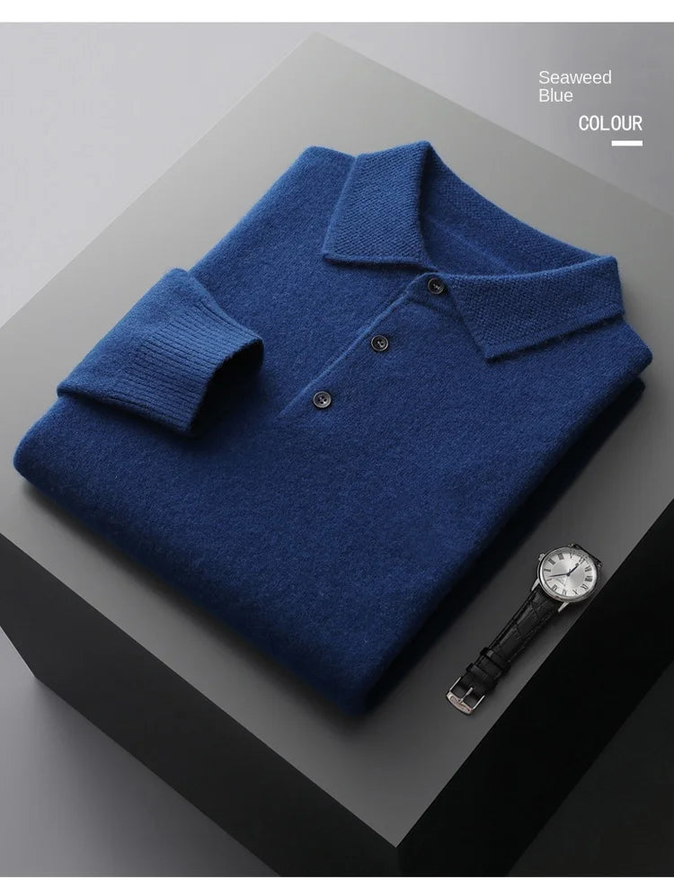 2025 Men's Autumn And Winter 100% Merino Pure Wool Knitted Sweater Men's Business Casual Knitted Polo Collar Pullover Top YJ1815.