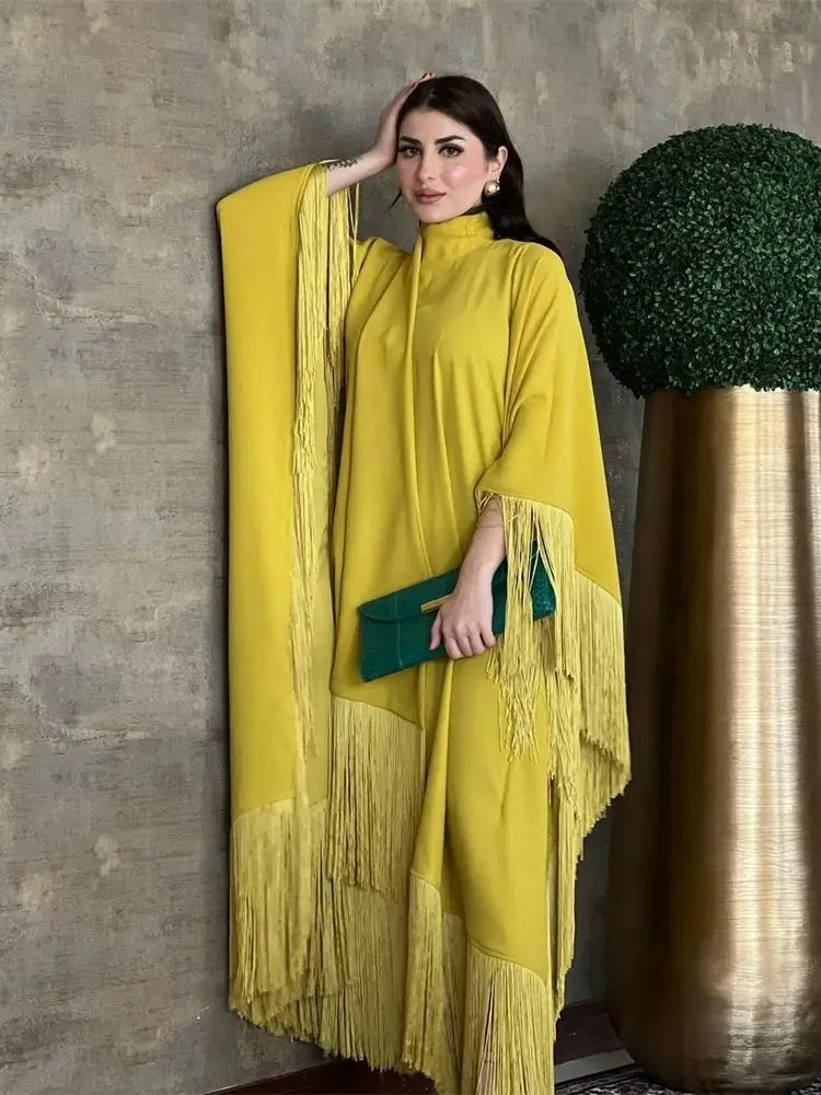 Eid Satin Luxury Green White Black Pink Khimar Tassel Butterfly Batwing Abaya For Women Islam Muslim Maxi Dress Kaftan Kebaya