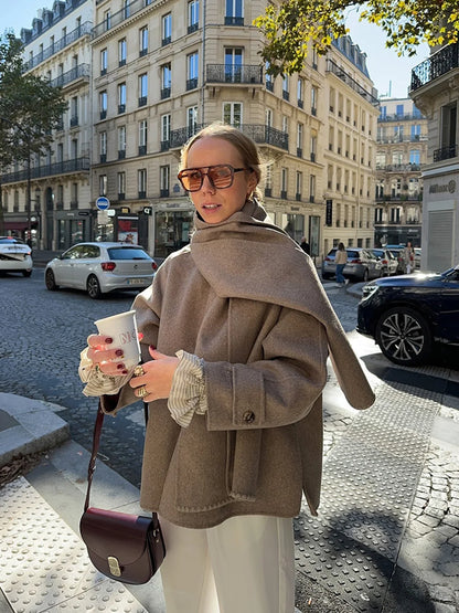 Women Fashion Brown Scarf Coat Jacket Loose Long Sleeve Single Breasted Pocket Jacket Fall/Winter Casual Wool Blend Jacket.