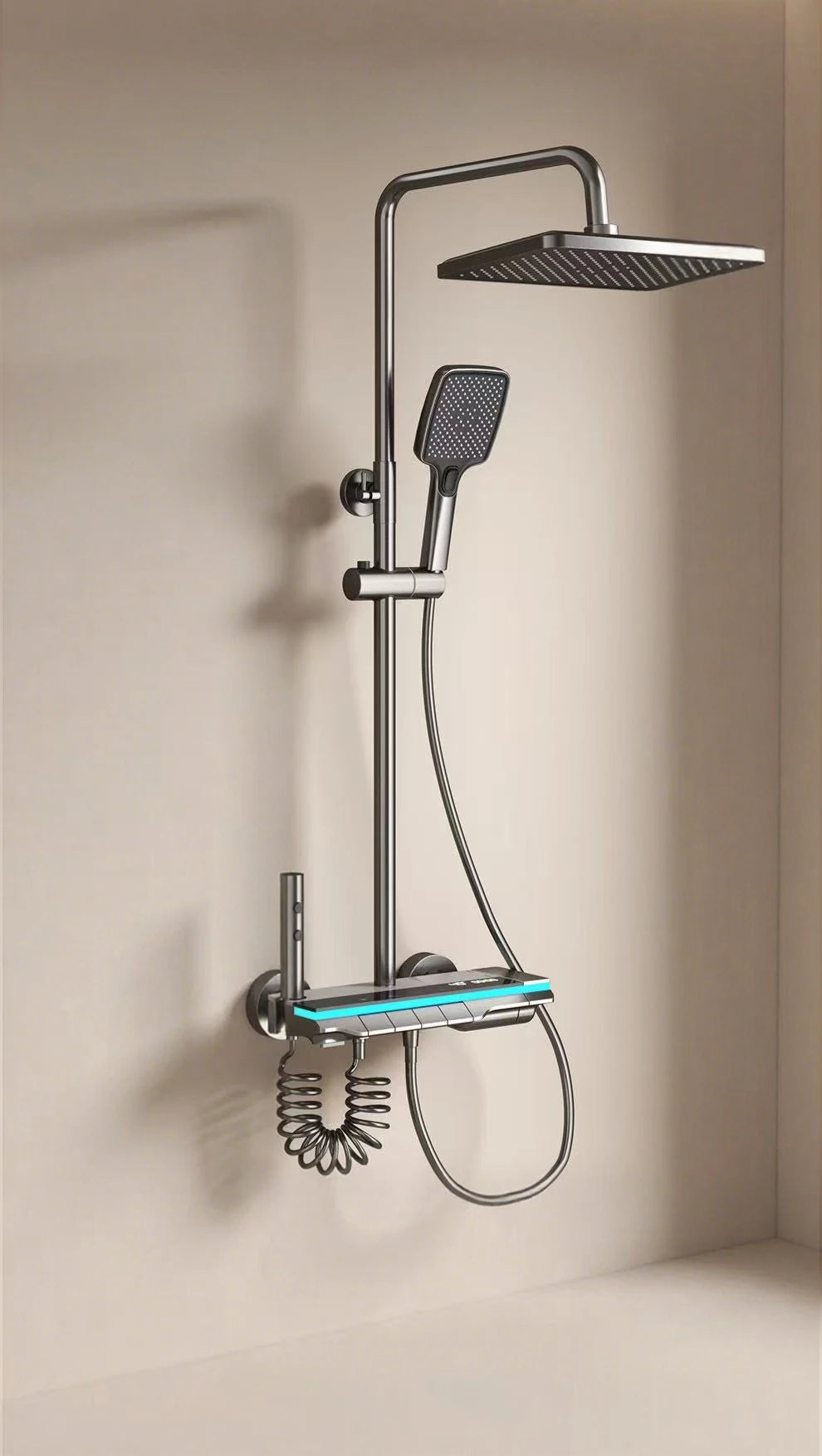 Bathroom Shower System Brass Mirror Surface Temperature-Controlled for Bathtub Faucet with Digital Display, LED Strip