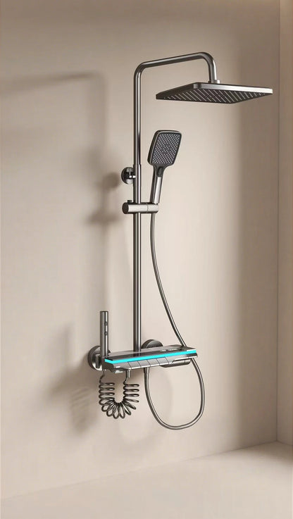 Bathroom Shower System Brass Mirror Surface Temperature-Controlled for Bathtub Faucet with Digital Display, LED Strip