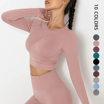 New Seamless Solid Color Peach Tight-fitting T-shirt Fitness Sport Yoga Wear Moisture Absorbing Shaping Long Sleeve Women's.