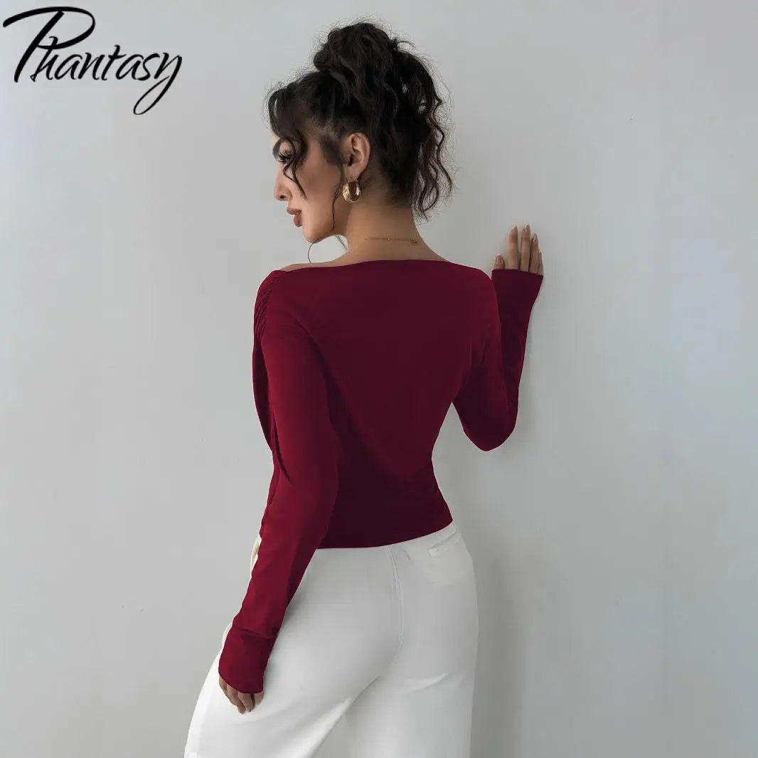 Phantasy New Solid Color Top Fashion Slant Shoulder Collar Shoulder Slimming Long Sleeve Commuter Top Vestido Elegant Tops.