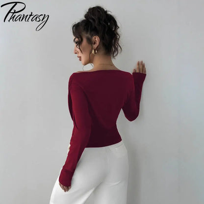 Phantasy New Solid Color Top Fashion Slant Shoulder Collar Shoulder Slimming Long Sleeve Commuter Top Vestido Elegant Tops.