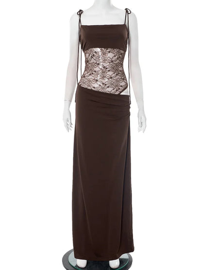 Elegante Spitzen-Maxikleider für Frauen 2022, sexy Spaghettiträger, Patchwork, Feiertage, Partykleid, Sommer, rückenfrei, langes Kleid