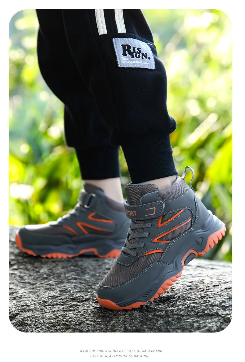 New Boys' Sports Shoes Non-slip School Children's Leather Breathable Running Black Fashion Hiking Shoes Sneaker Size 29-40.