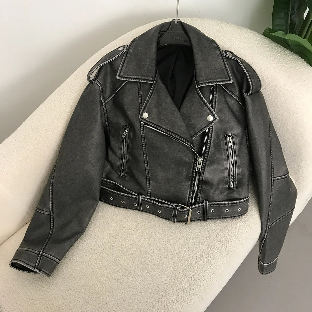 Neue Frühjahr Frau Faux Leder Jacke Chic Vintage Amerikanische straße tragen Kurze Revers Zipper Gürtel Biker Mäntel Mode Streetwear