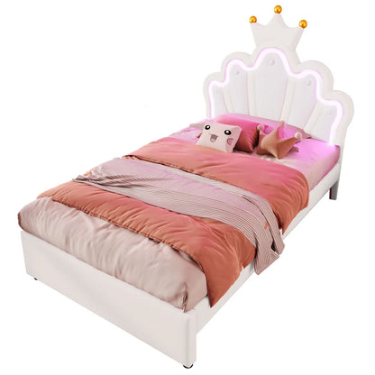 Polsterbett ohne Matratze, ferngesteuertes Umgebungslichtbett mit 2 Schubladen, kronenförmiges Prinzessinnenbett, verstellbarer Kopf, PU, Weiß