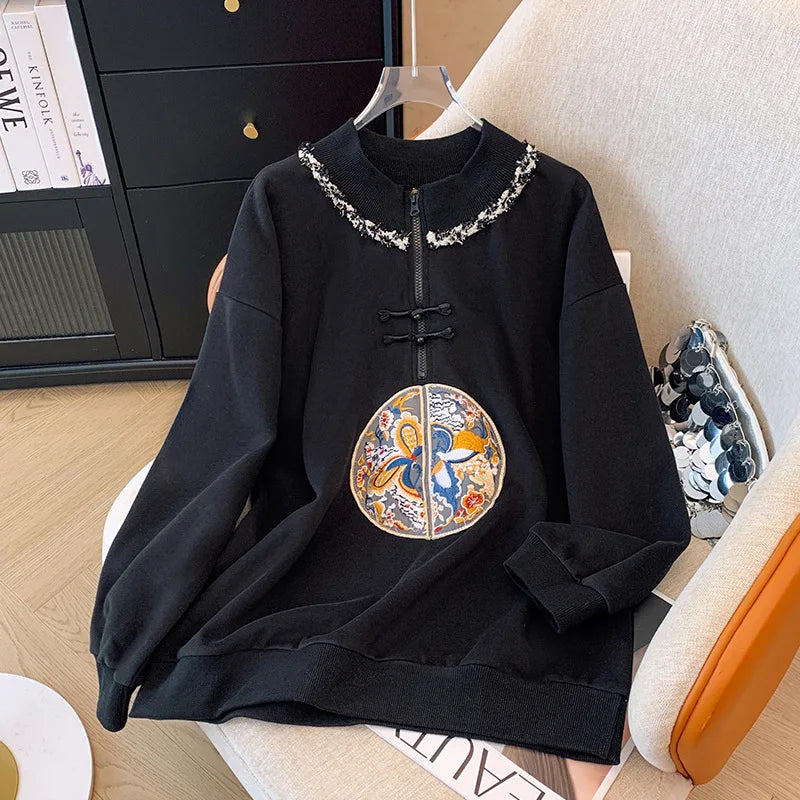 150kg Plus Size Damen büste Frühling Herbst lose neue chinesische Stil Sweatshirt lang ärmel ige geknöpfte Top 5xl 6xl 7xl 8xl 9xl.