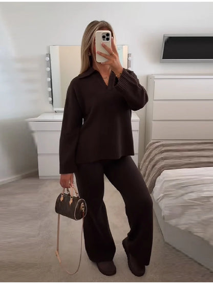 Casual Simple Loose Sweater Trousers Set Solid Color Retro Versatile Comfortable Streetwear Top Pants Commuting Women's Outfit.