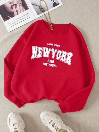 New York 1968 Women Sweatshirt Black Letter Print Sporty Hoodie Winter Casual Fleece Pullover Crewneck Red Hoody Street Clothing.