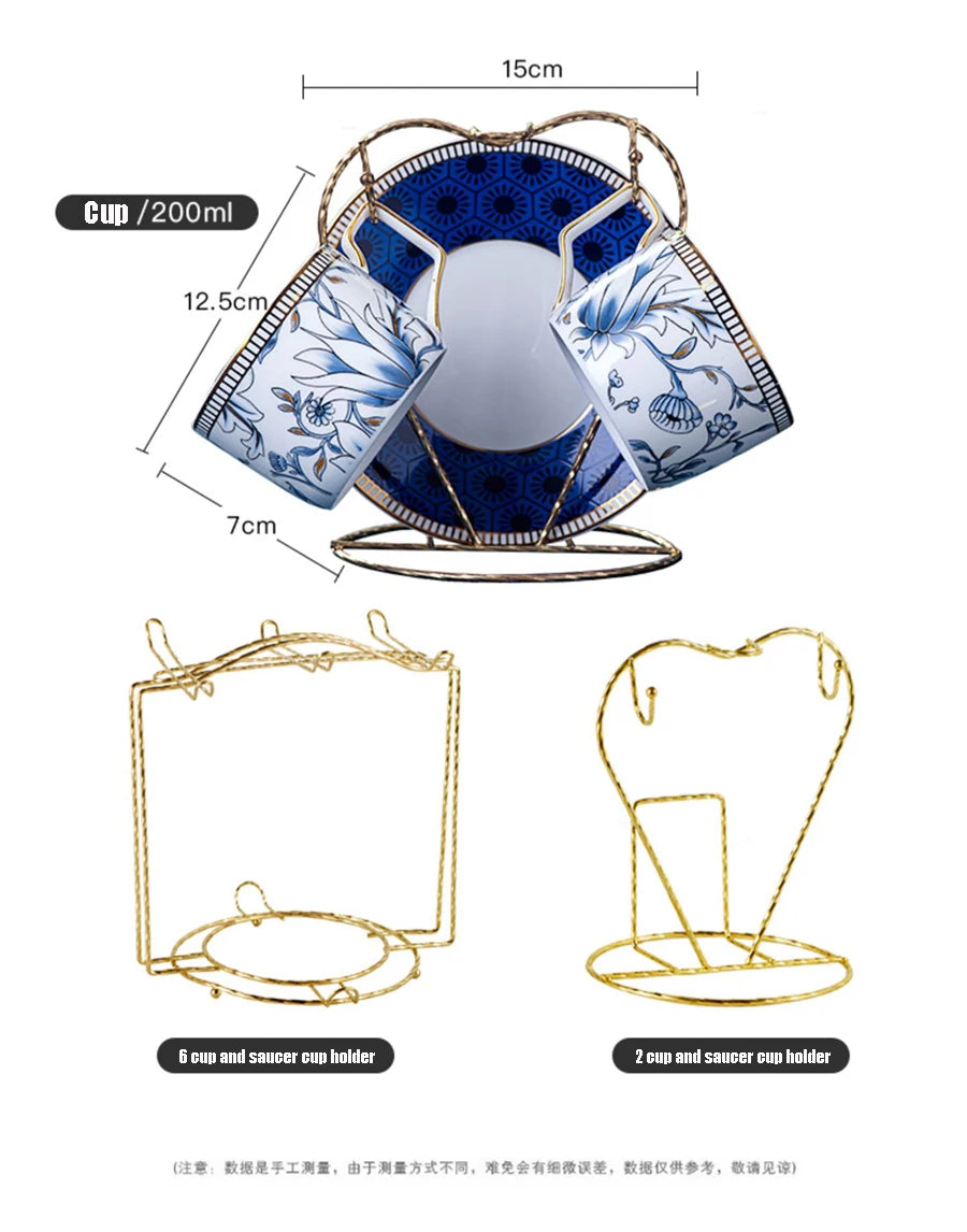 Elegant Cup and Saucer Set Bone China Sugar Jar Milk Jug Coffee Pot Set Cyan Magnolia Home English Mug Teaset Dessert Plate.