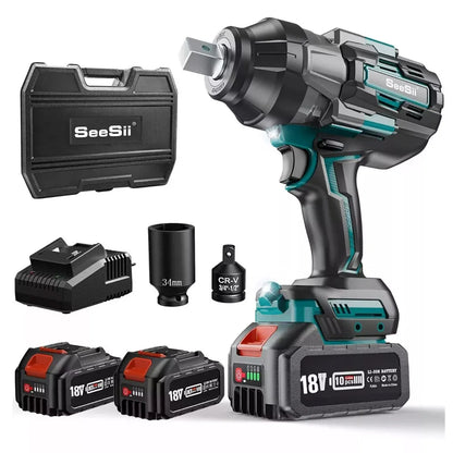 Seesii 1600NM Akku-Schlagschrauber-Set, bürstenloser elektrischer Schraubenschlüssel, 3/4 Zoll Schlagpistole mit 3/4 Zoll bis 1/2 Zoll Adapter, LKW-Auto-Reparaturwerkzeuge