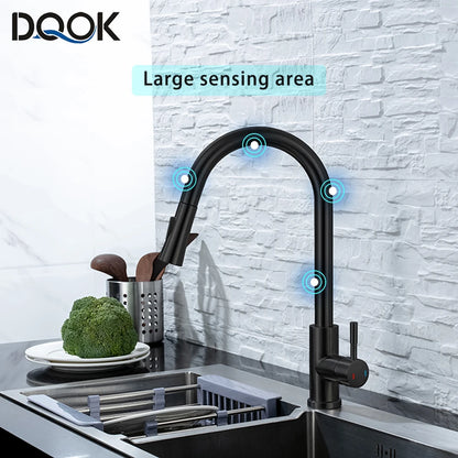 DQOK Küche Wasserhahn Ziehen Gebürstet Nickel Sensor Edelstahl Schwarz Smart Induktion Mixed Tap Touch Control Waschbecken Tap