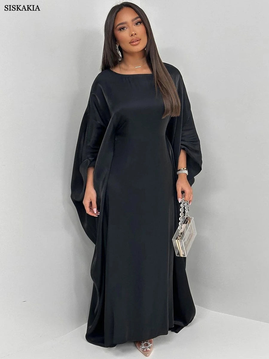Siskakia Muslim 2024 New Eid Dresses Solid Shiny Satin Batwing Sleeve Modest Kebaya Turkish African Women Abayas Saudi Clothing.