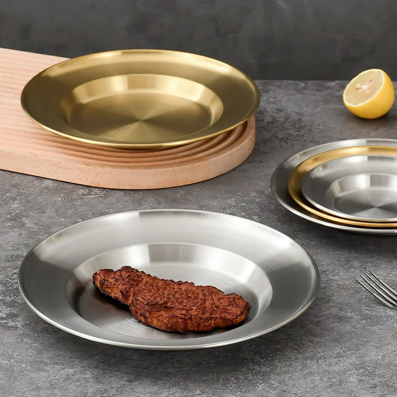 6Pcs High Quality Stainless Steel Bone Spitting Dish Silver Colors Shallow Tray Metal Dining Disc Fruit Meat Round Plate.