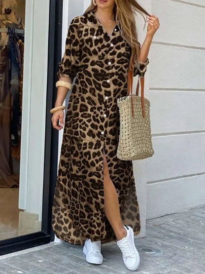 ZANZEA Party Vintage Leopard Robe Frauen 2025, Herbst Casual Langarm Maxi Lange Vestidos Kleid Mode Übergroßen Hemd Sommerkleid