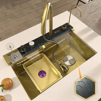 Golden Stainless Steel Kitchen Sink Waterfall Outlet Large Single Sink Digital Display Dishwashing and Vegetable Sinks