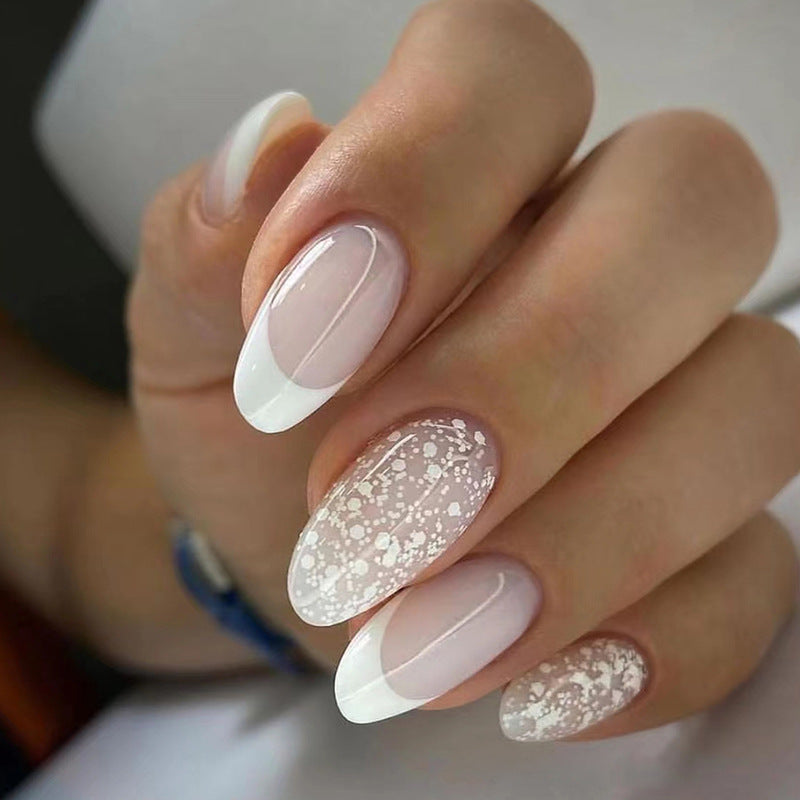 24Pcs French False Nails Almond Fake Nails with Glue Press on White Edge Design Wearable Simple Ins Pink Stiletto Nail Tips.