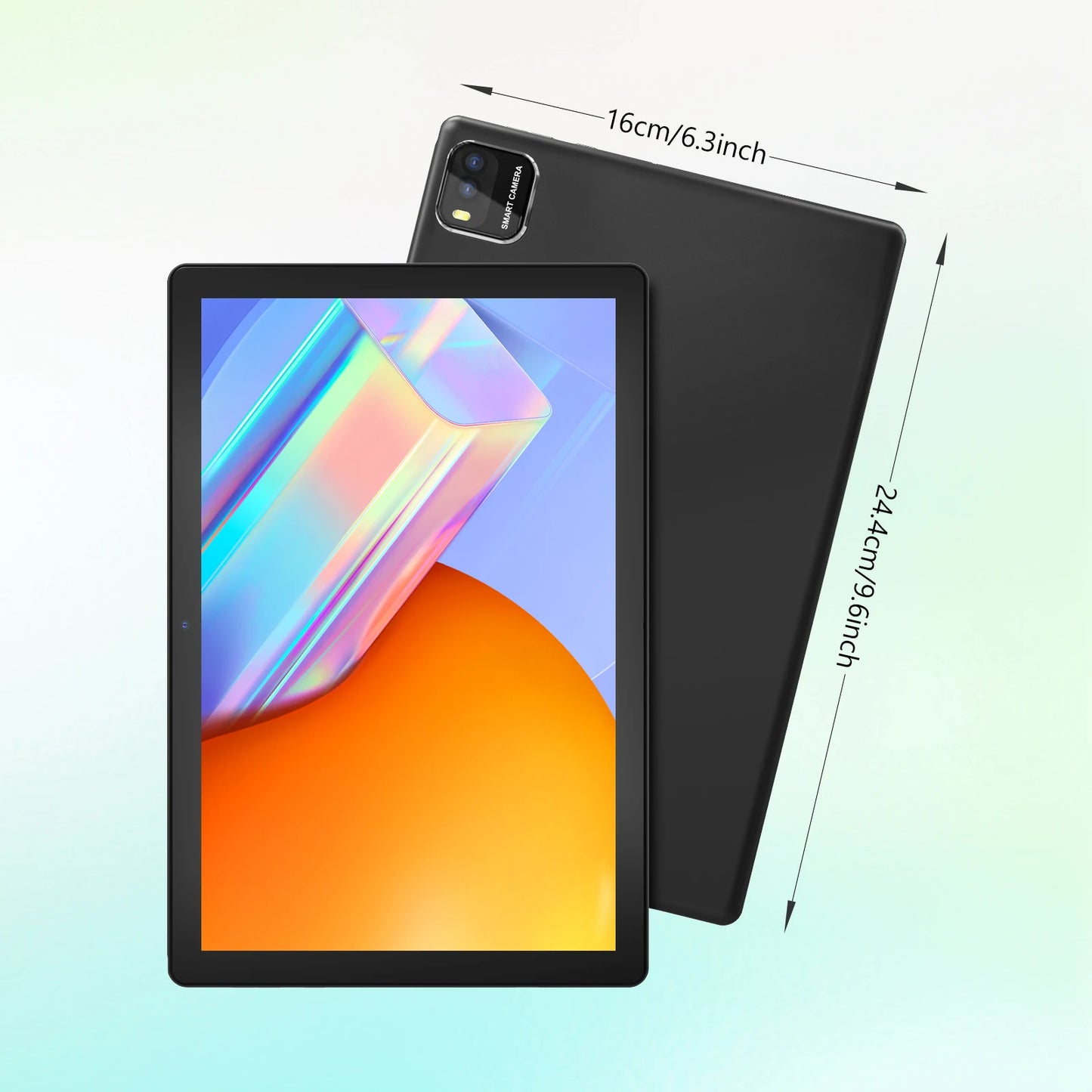 BAKEN 10-inch tablet with SIM card slot, Android 15, Wi-Fi, GPS, Bluetooth, 64GB storage, dual speakers, USB-C port.