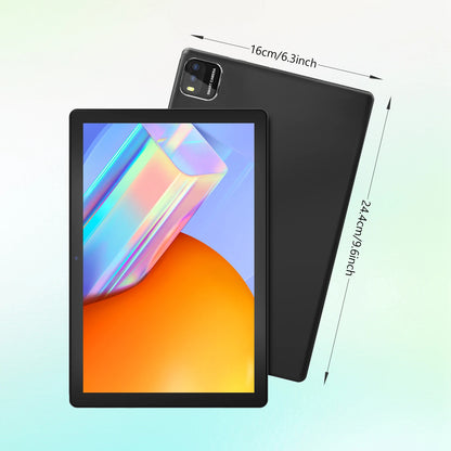 BAKEN 10-inch tablet with SIM card slot, Android 15, Wi-Fi, GPS, Bluetooth, 64GB storage, dual speakers, USB-C port.